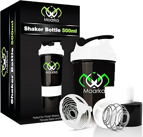 Moarka Protein Shaker Bottle - Leak Proof Protein Mixer Cup - Non-Slip Gym Protein Blender Bottle with Supplement and Pill Storage Container (White & Black)