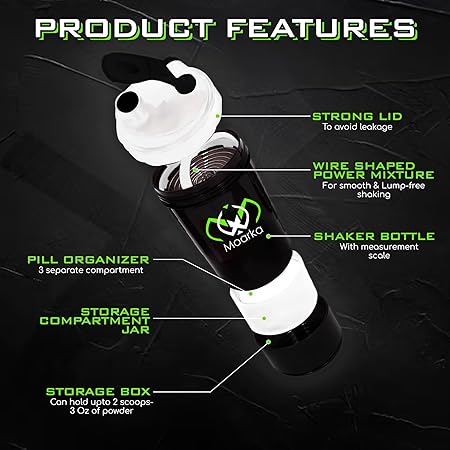 Moarka Protein Shaker Bottle - Leak Proof Protein Mixer Cup - Non-Slip Gym Protein Blender Bottle with Supplement and Pill Storage Container (White & Black)