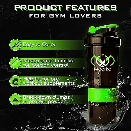 Moarka Protein Shaker Bottle - Leak Proof Protein Mixer Cup | Non-Slip Gym Protein Blender Bottle with Supplement and Pill Storage Container